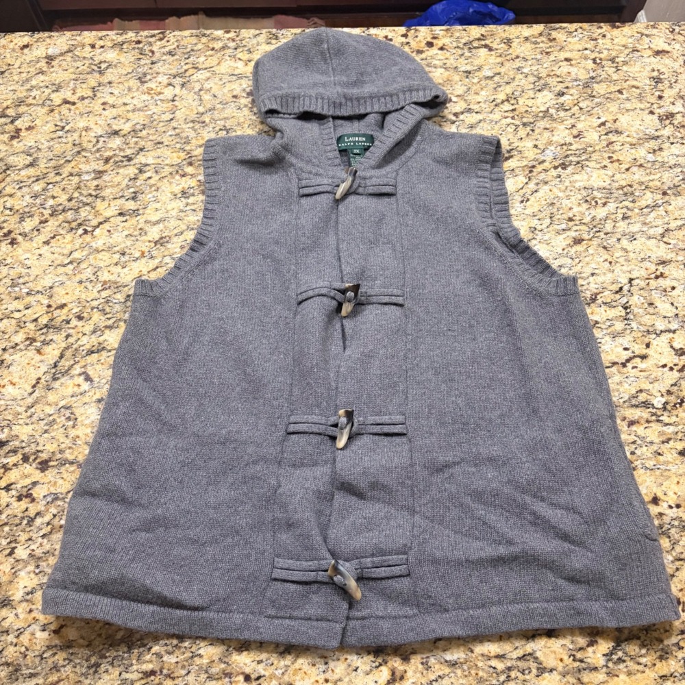 Lauren Ralph Lauren Grey Merino Wool Cashmere Toggle Hooded Sweater Vest 2X